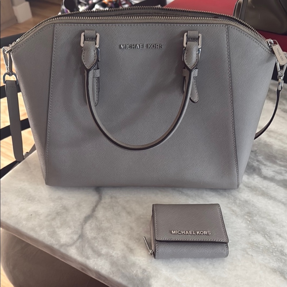 Michael Kors Gray Satchel Structured Saffiano Leather wallet set